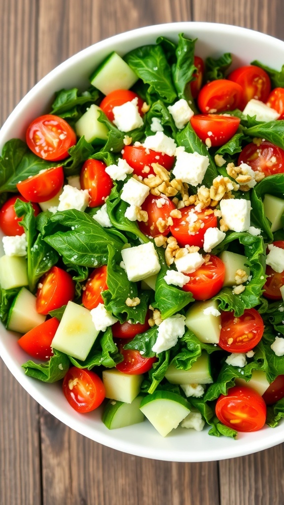 A colorful kale salad with cherry tomatoes, cucumber, feta cheese, and walnuts in a bowl on a wooden table.